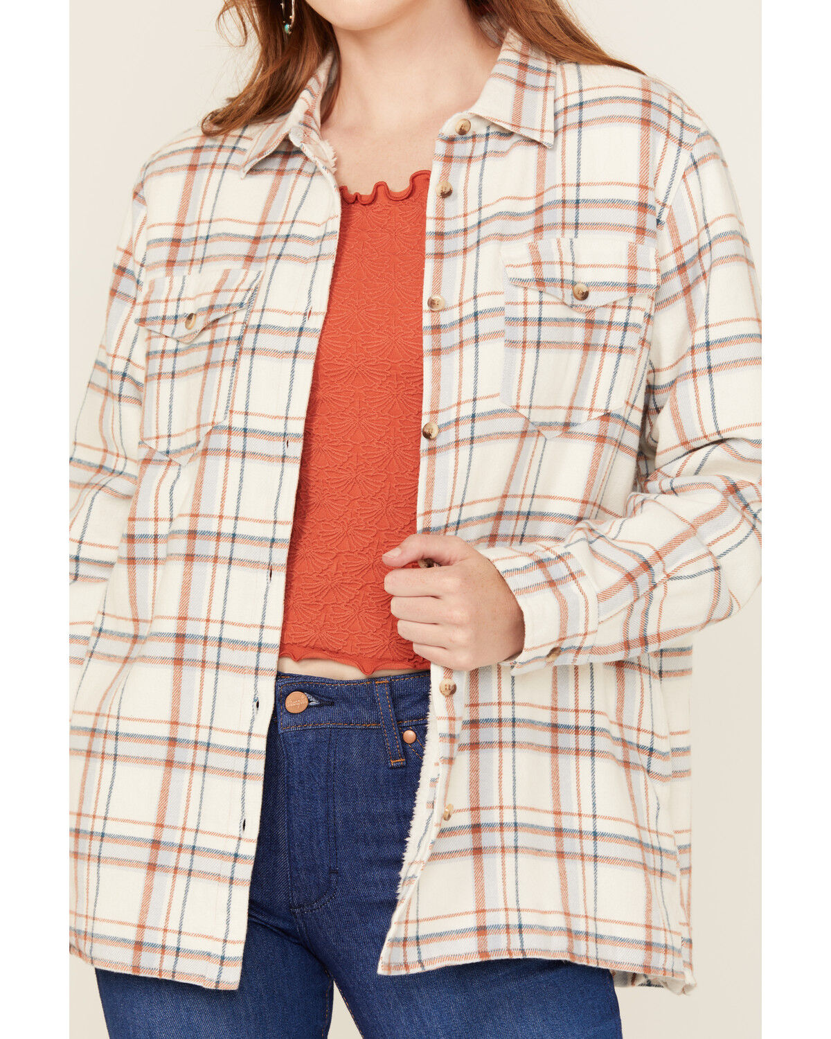 Image #3 - Ely Walker Women's Plaid Print Sherpa Lined Button-Down Shacket, Stone, hi-res
