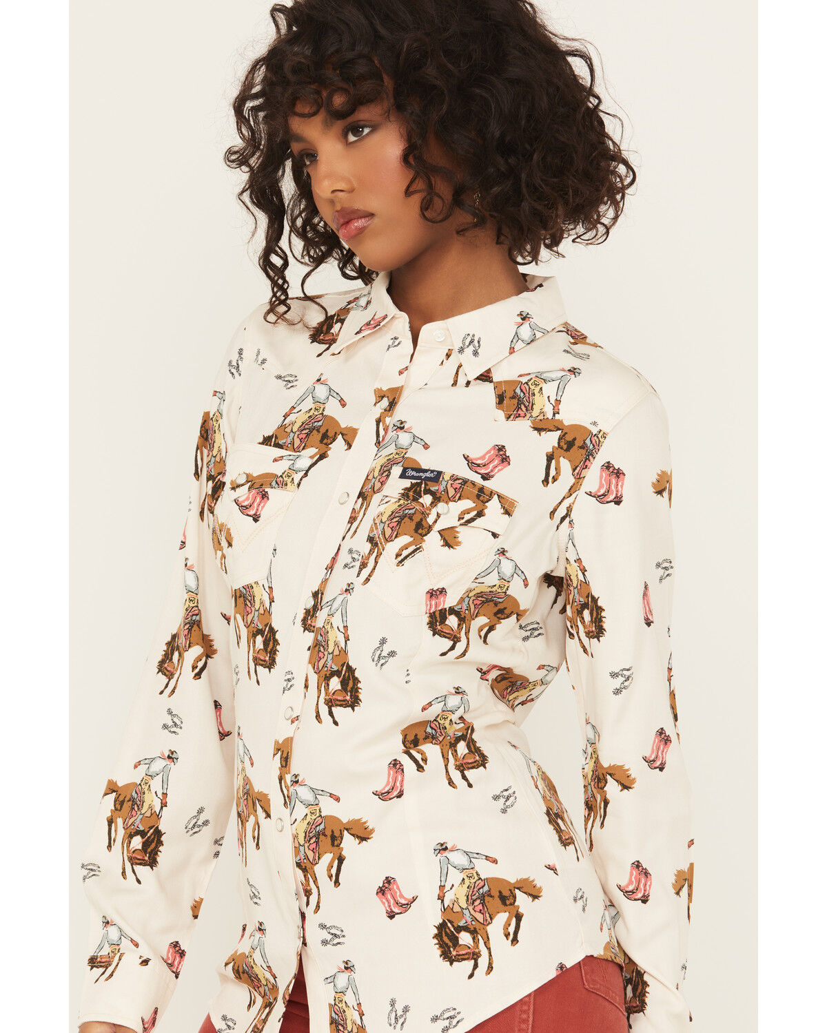 Image #2 - Wrangler Retro Women's Bucking Horse Conversational Print Long Sleeve Snap Western Shirt, Cream, hi-res