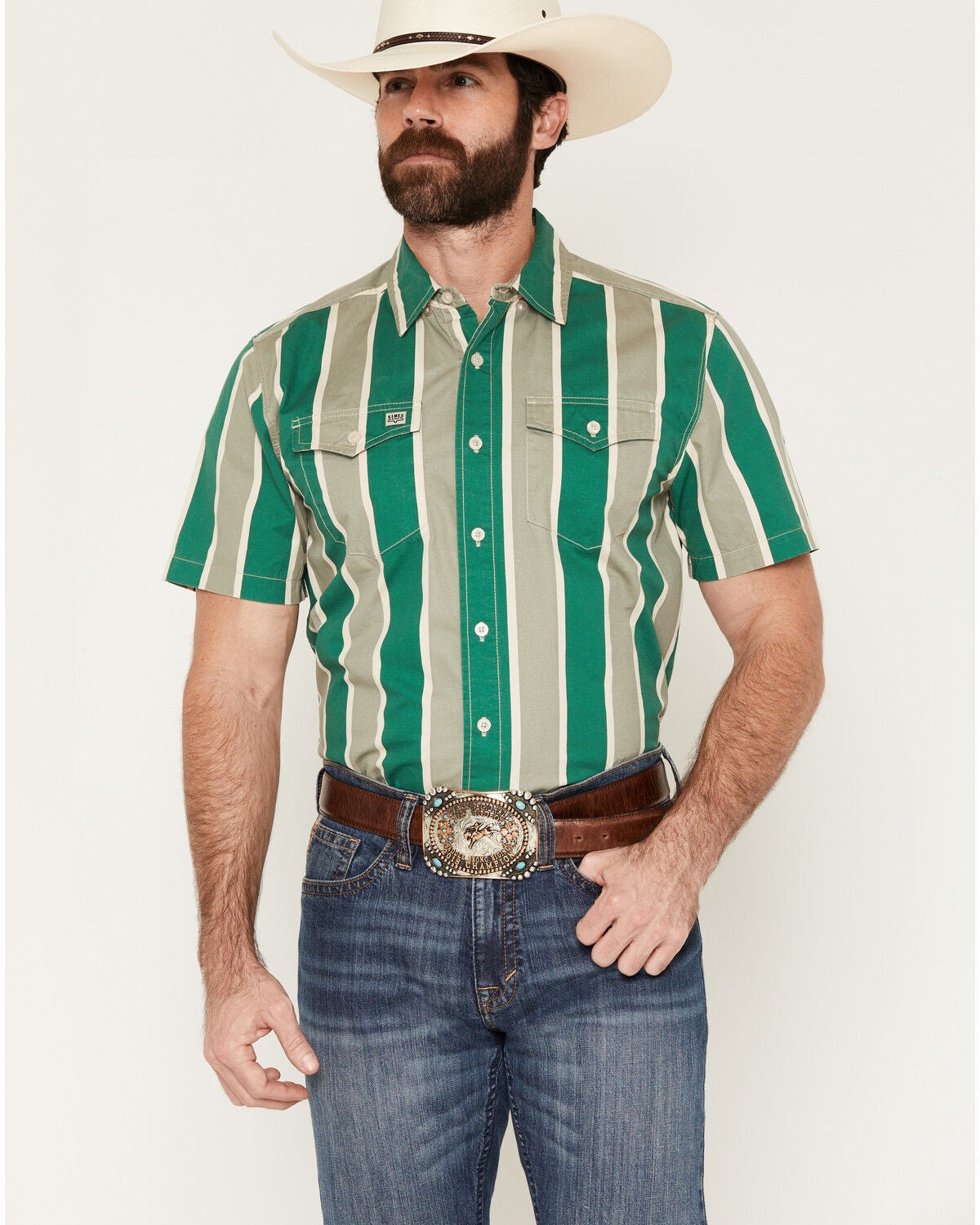 Kimes Ranch Men's Stoppy Stripe Print Short Sleeve Button-Down Western Shirt, Green, hi-res