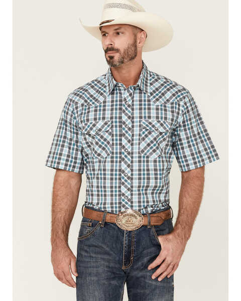 Wrangler 20X Men's Advanced Comfort Plaid Print Short Sleeve Pearl Snap Western Shirt , Blue, hi-res