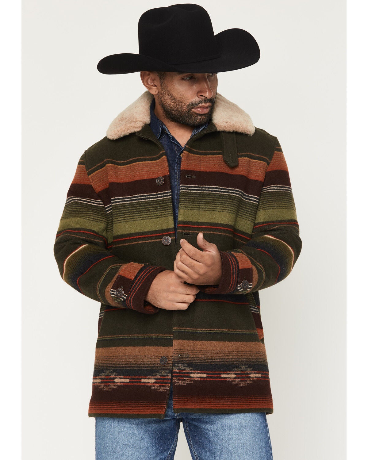 Pendleton Men's Dayton Serape Striped Shearling Collar Button-Down Wool Coat, Olive, hi-res