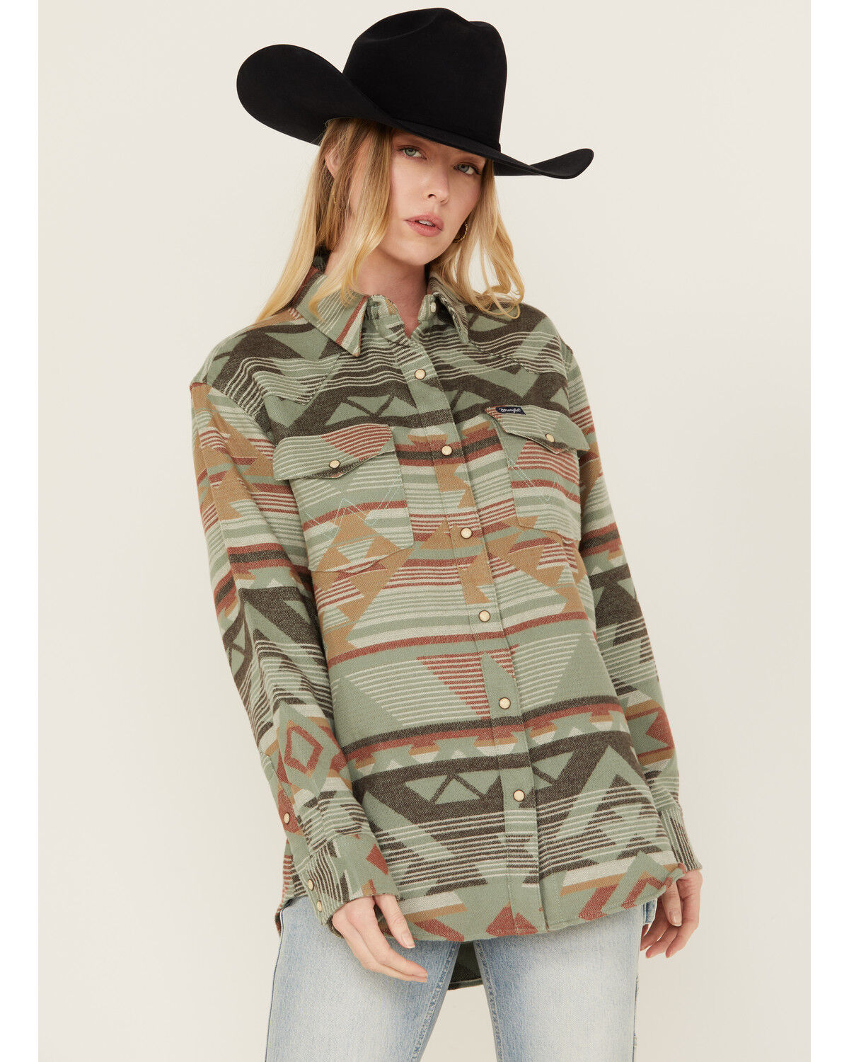 Image #1 - Wrangler Retro Women's Southwestern Long Sleeve Pearl Snap Western Shirt, Green, hi-res