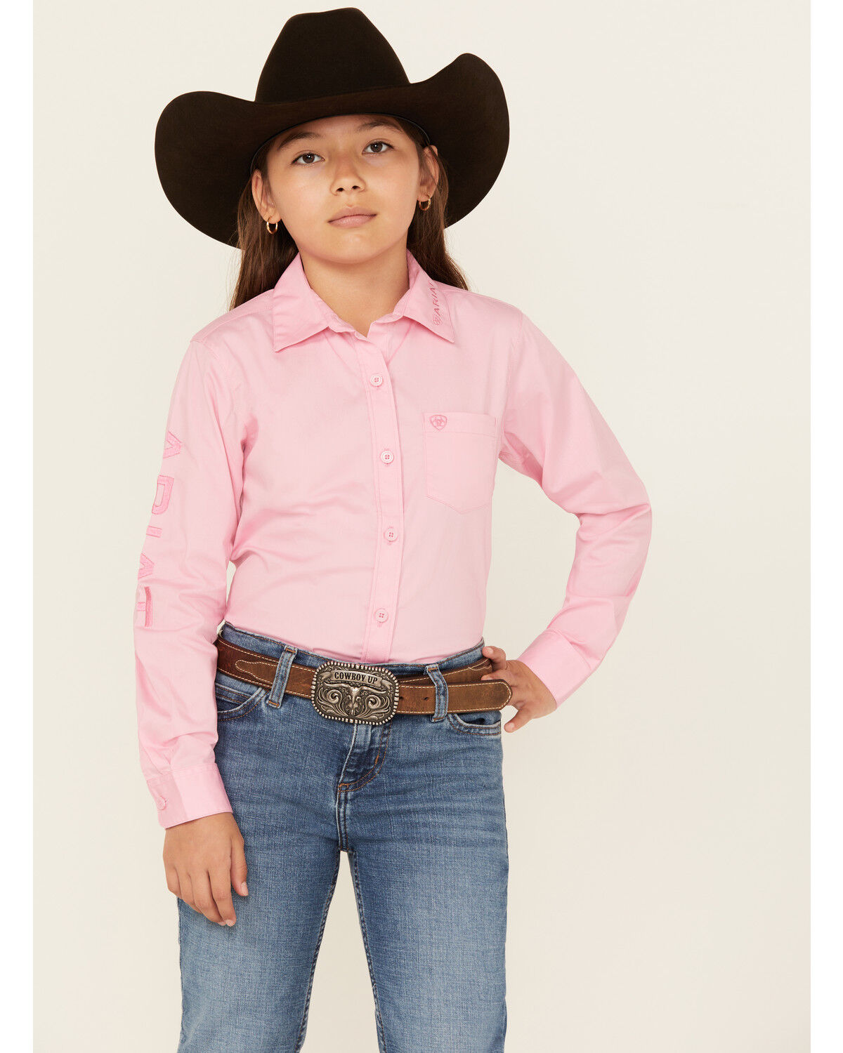 Image #1 - Ariat Girls' Team Kirby Long Sleeve Button-Down Western Shirt, Pink, hi-res