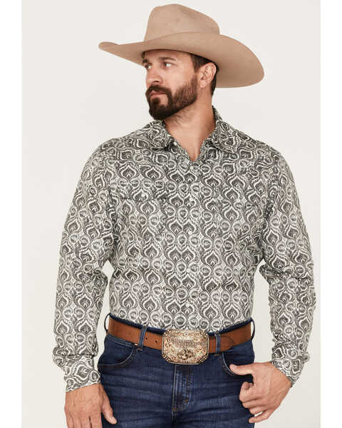 Image #1 - Wrangler Retro Premium Men's All-Over Spade Print Long Sleeve Snap Western Shirt , Grey, hi-res