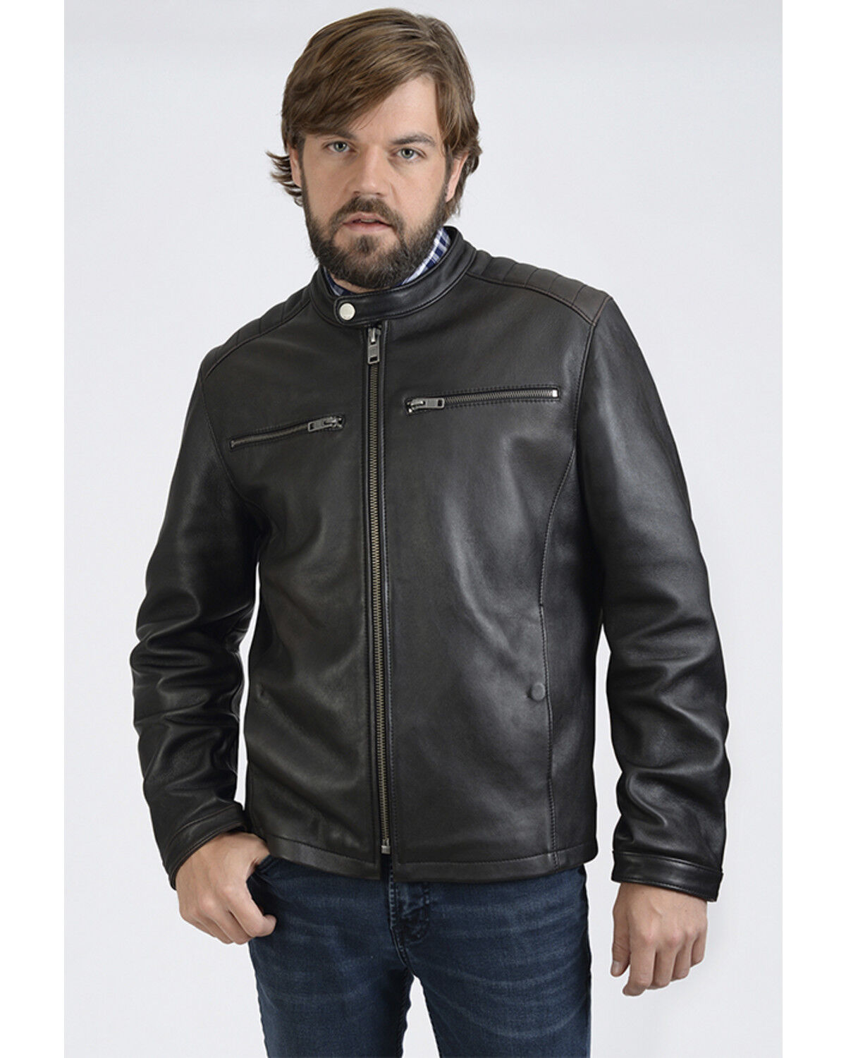 Image #2 - Frye Men's Racer Zip-Up Leather Jacket, Black, hi-res