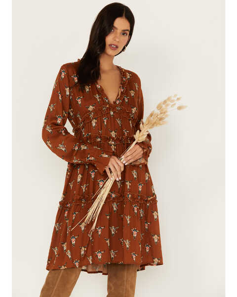 Image #1 - Roper Women's Cowskull Print Long Sleeve Tier Dress, Brown, hi-res