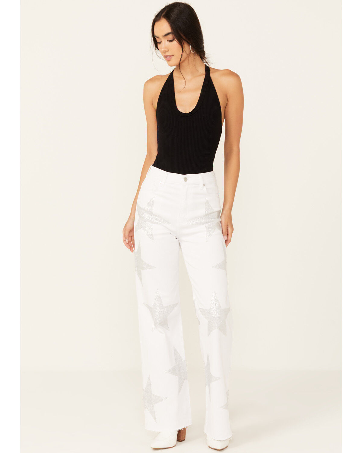 Image #1 - Vibrant Denim Women's Rhinestone Star High Rise Wide Leg Jeans, White, hi-res