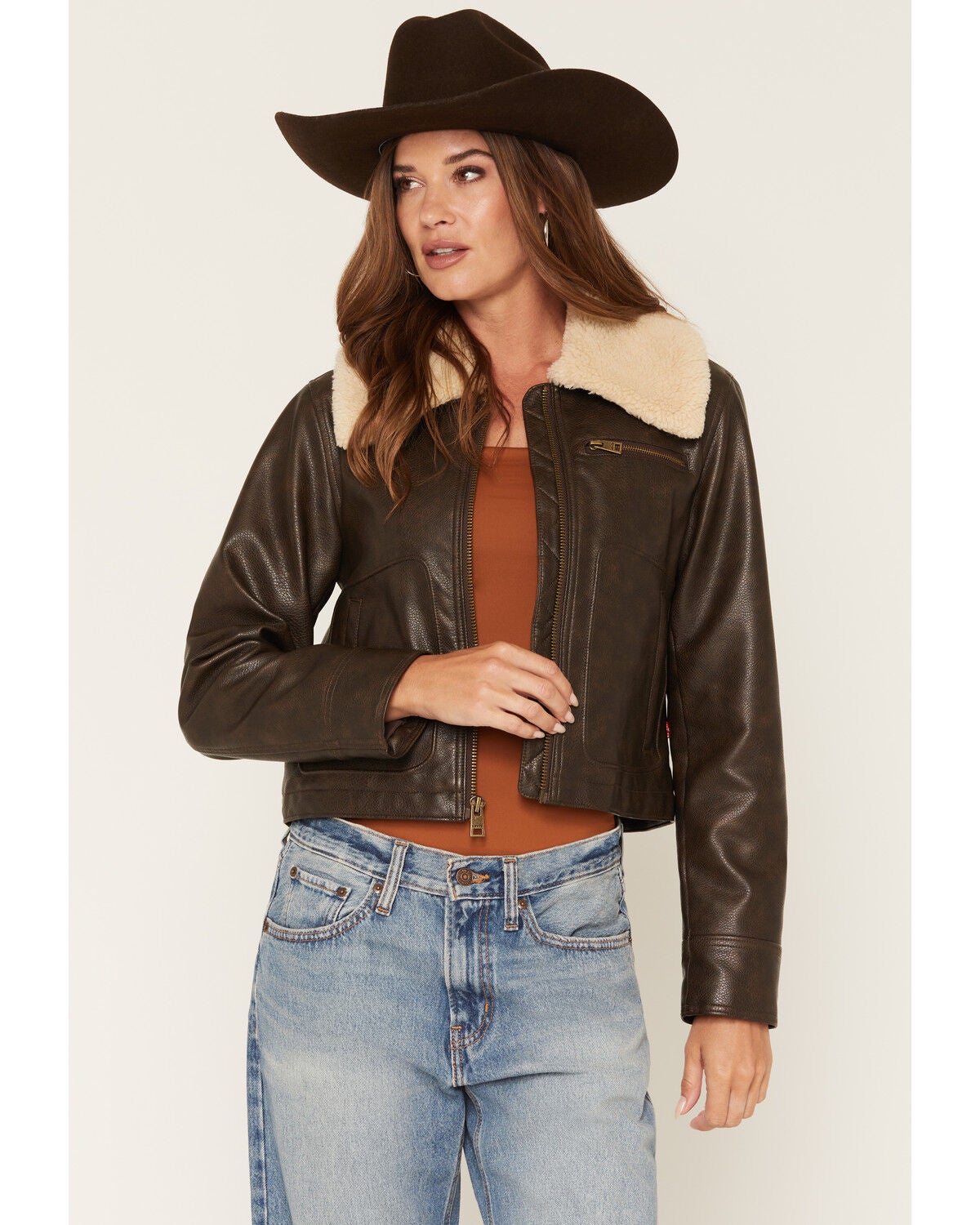 Image #1 - Levi's Women's Sherpa Collar Faux Leather Jacket, Brown, hi-res