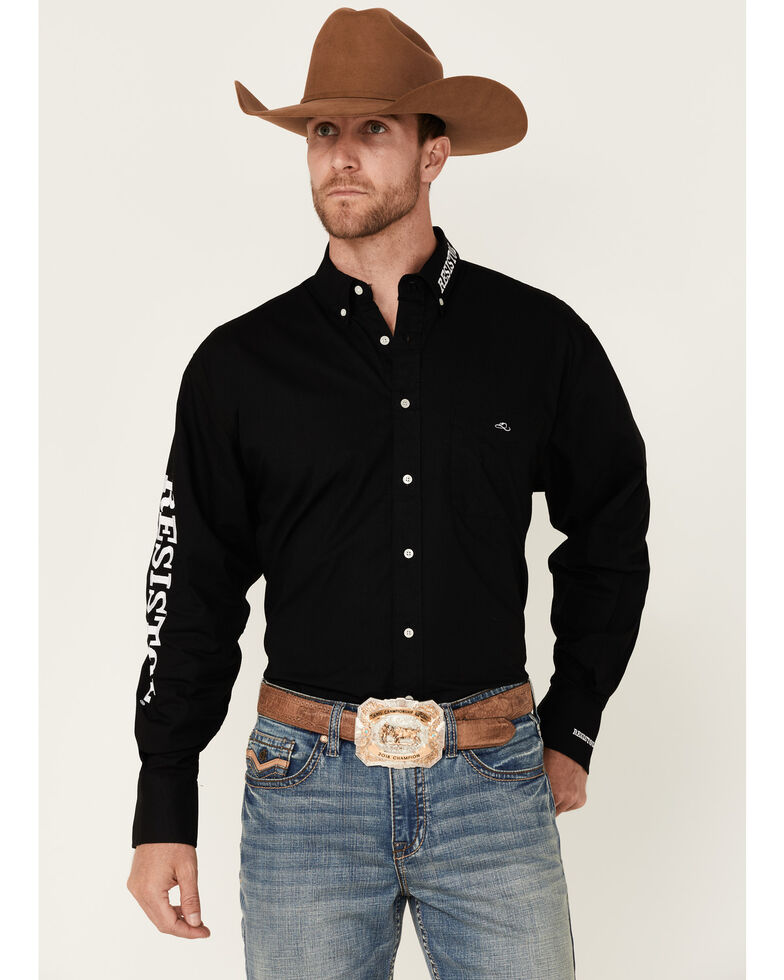 Resistol Men's Black & White Solid Logo Long Sleeve Button-Down Western Shirt , Black, hi-res