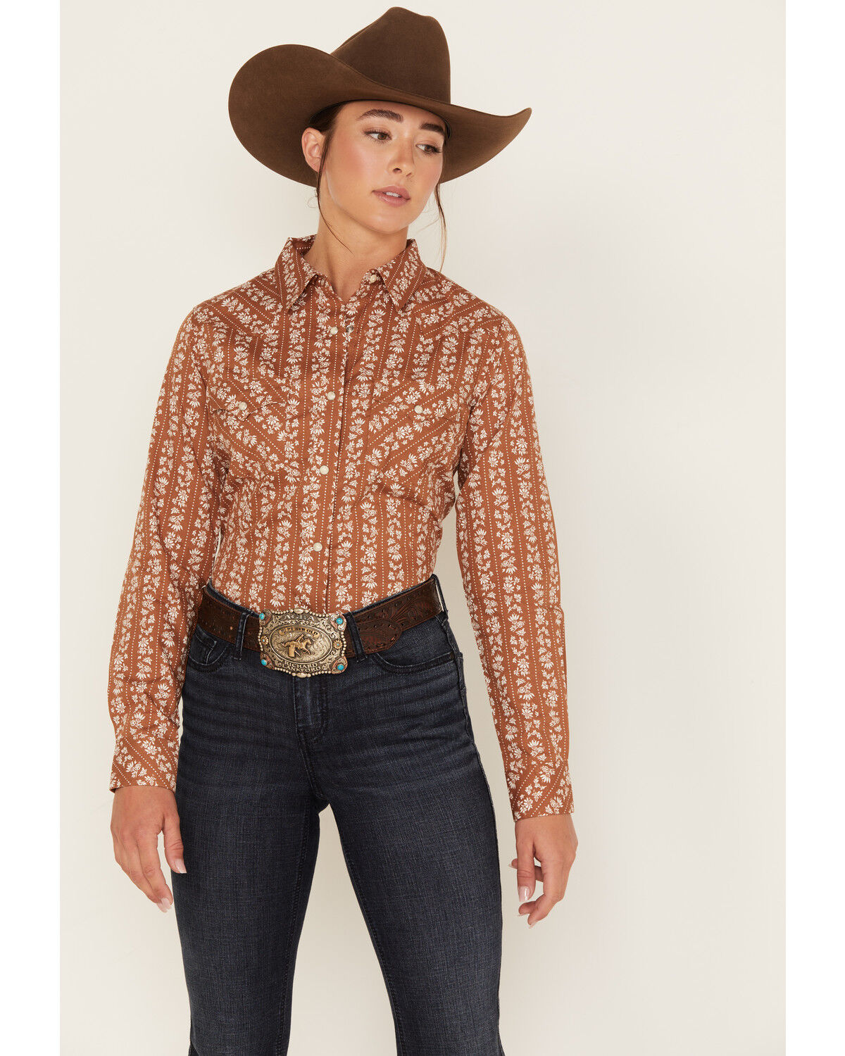 Image #1 - Wrangler Women's Boot Barn Exclusive Floral Dot Stripe Print Long Sleeve Western Pearl Snap Shirt, Rust Copper, hi-res