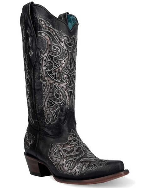 Image #1 - Corral Women's Studded Inlay Western Boots - Snip Toe , Black, hi-res