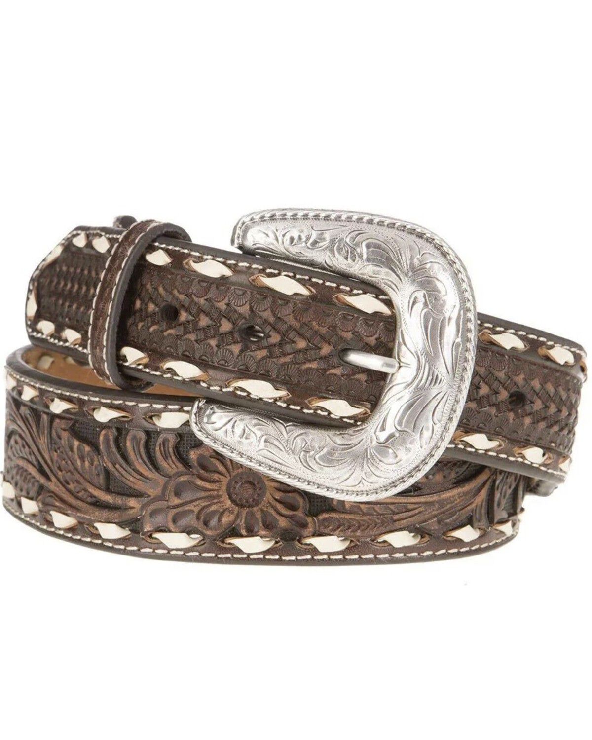 Ariat Men's Tooled Floral Laced Western Belt, Brown, hi-res