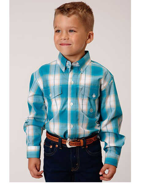 Image #1 - Roper Boys' Amarillo Saddle Plaid Print Long Sleeve Button Down Western Shirt, Blue, hi-res
