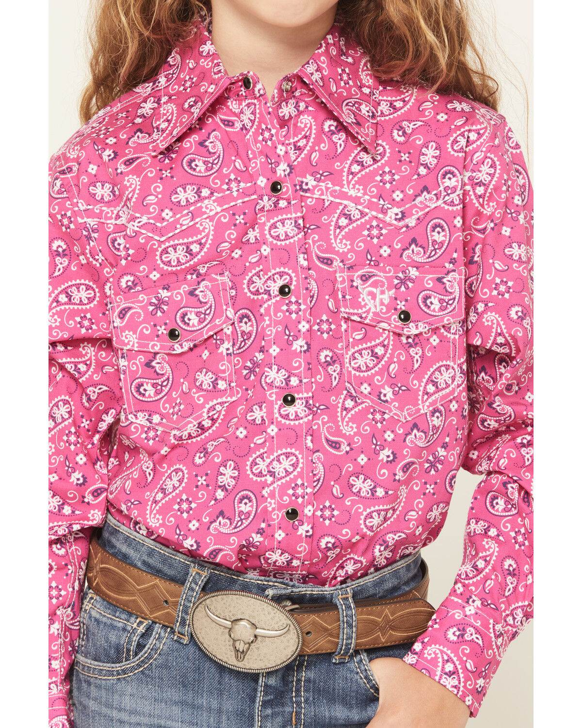 Image #3 - Cowgirl Hardware Girls' Bandana Paisley Print Long Sleeve Snap Stretch Western Shirt, Pink, hi-res