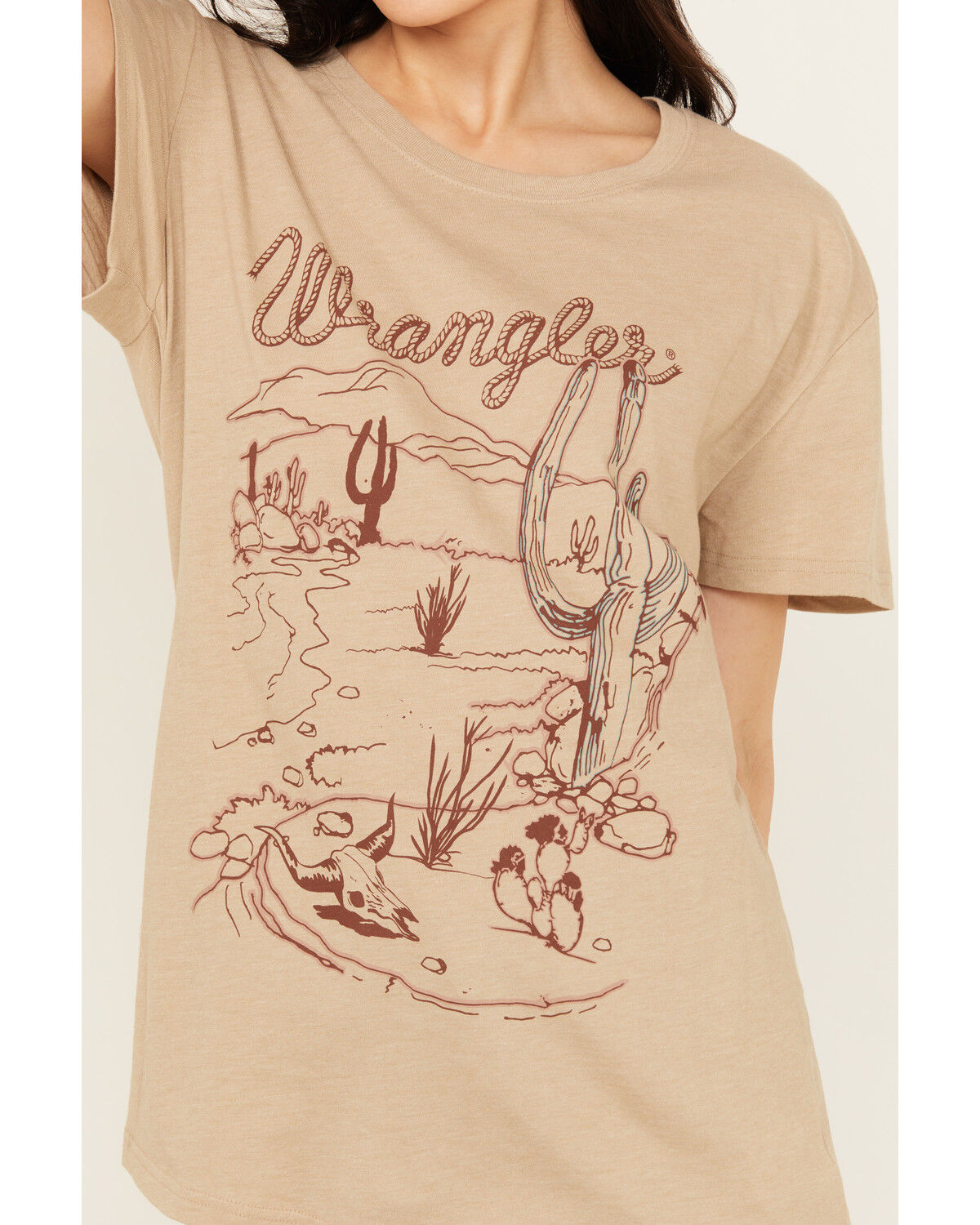 Image #3 - Wrangler Women's Cactus Scene Short Sleeve Graphic Tee, Tan, hi-res