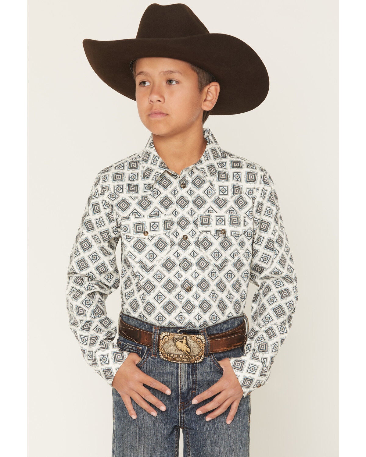 Gibson Trading Co Boys' Time Warp Geo Print Long Sleeve Snap Western Shirt, Ivory, hi-res