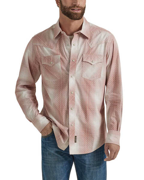 Wrangler Retro Men's Plaid Print Long Snap Western Shirt, Brick Red, hi-res