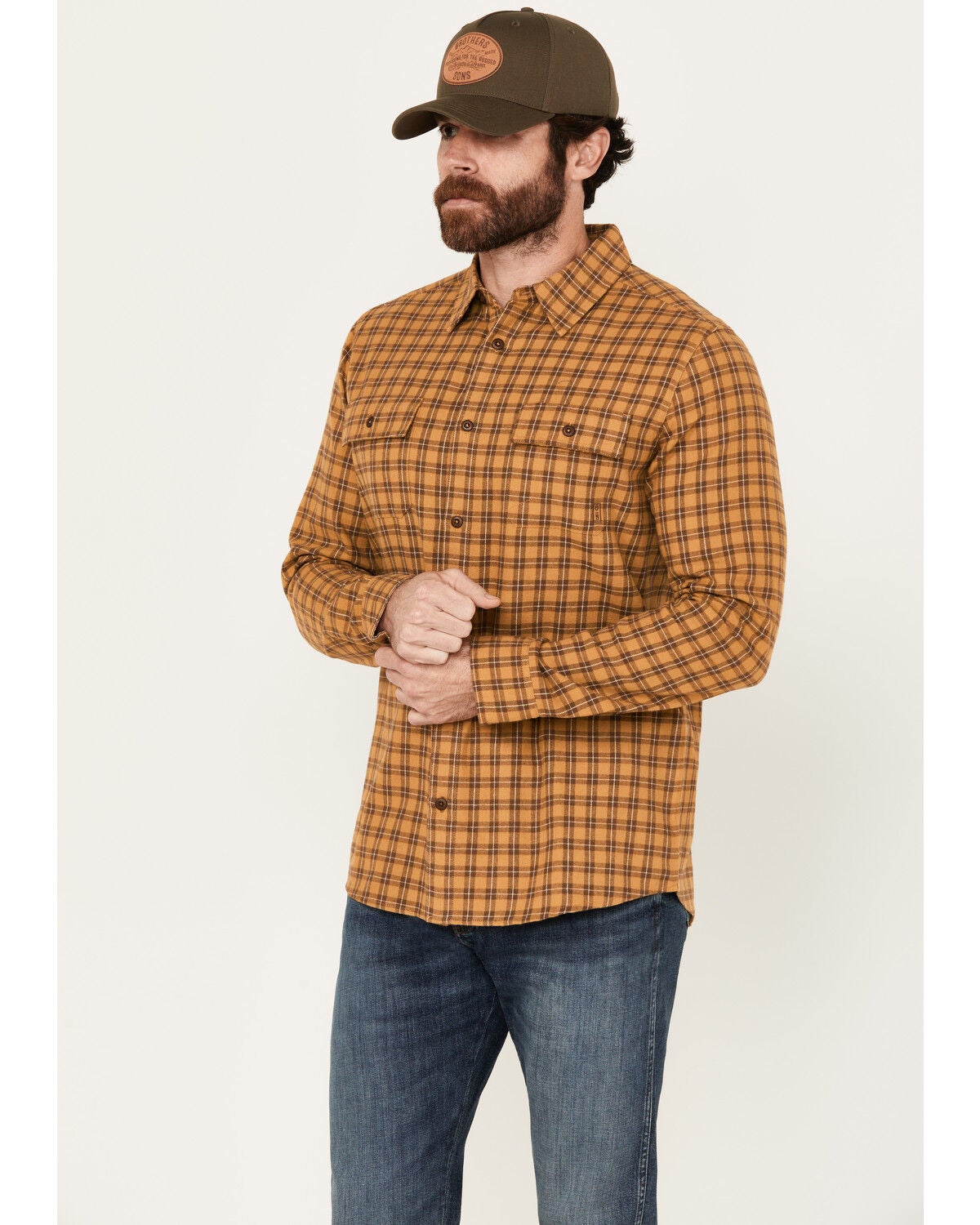 Brothers and Sons Men's Borden Everyday Plaid Print Long Sleeve Button-Down Flannel Shirt, Dark Yellow, hi-res