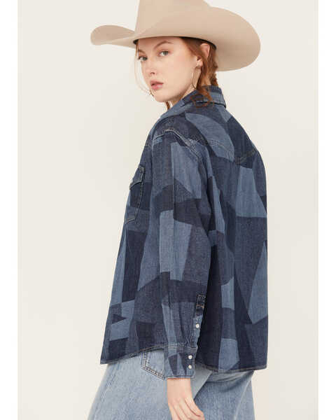 Image #4 - Levi's Women's Dylan Oversized Western Patchwork Print Long Sleeve Pearl Snap Shirt, Blue, hi-res