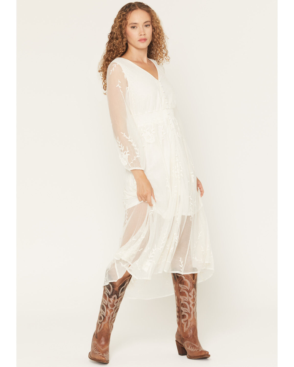 Image #1 - Shyanne Women's Hillside Button Front Embroidered Mesh Midi Dress, Ivory, hi-res