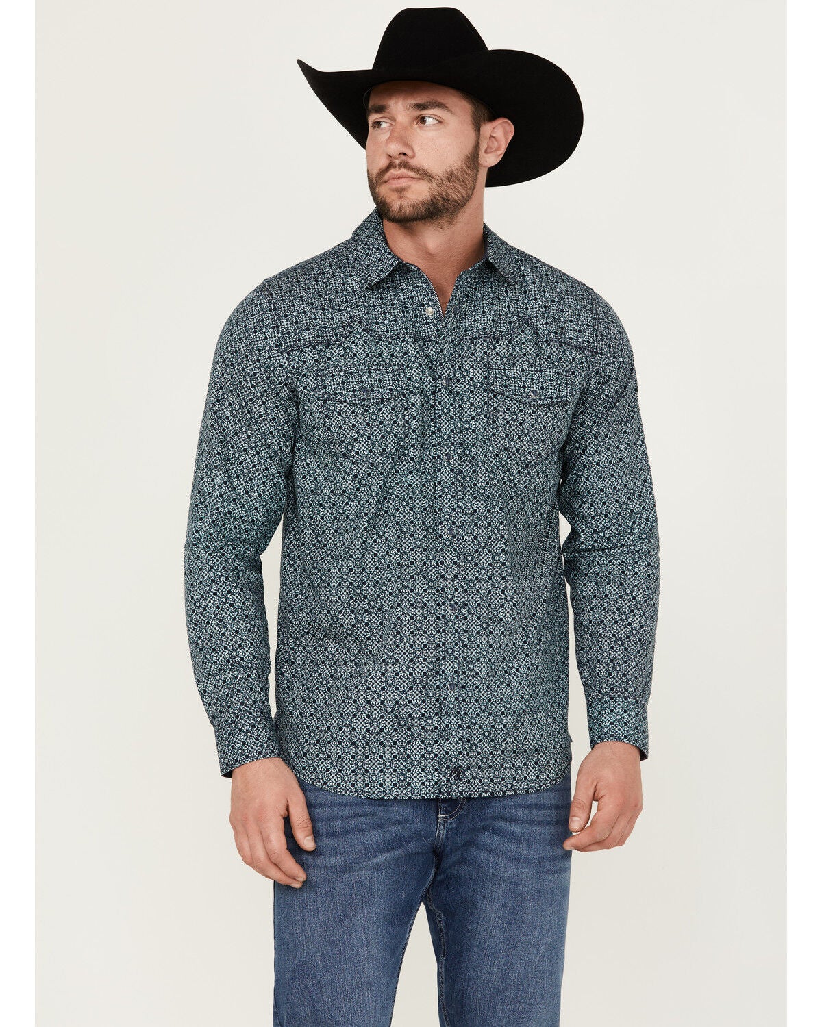 Moonshine Spirit&reg; Men's Old Fashioned Medallion Print Long Sleeve Pearl Snap Western Shirt, Navy, hi-res