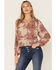 Revel Women's Floral Long Sleeve Peasant Top, Burgundy, hi-res