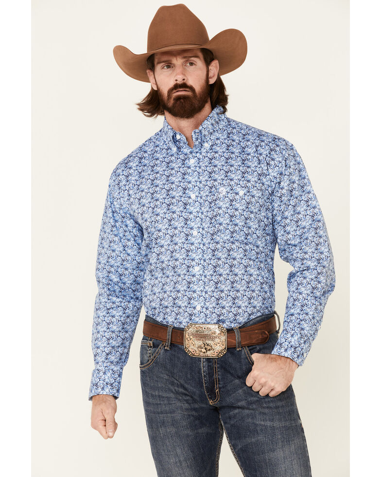 George Strait By Wrangler Men's Cobalt Paisley Print Long Sleeve Button-Down Western Shirt , Blue, hi-res