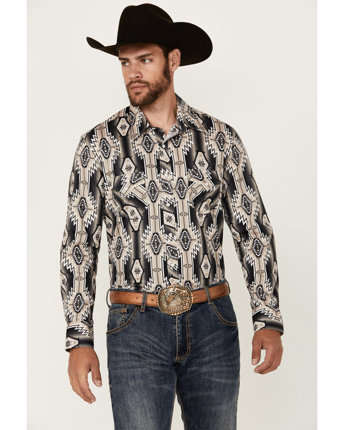 Image #1 - Rock & Roll Denim Men's Southwestern Print Long Sleeve Snap Stretch Western Shirt, Dark Brown, hi-res