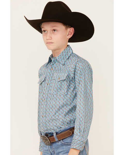 Image #2 - Wrangler Boys' Geo Print Long Sleeve Snap Comfort Western Shirt , Teal, hi-res