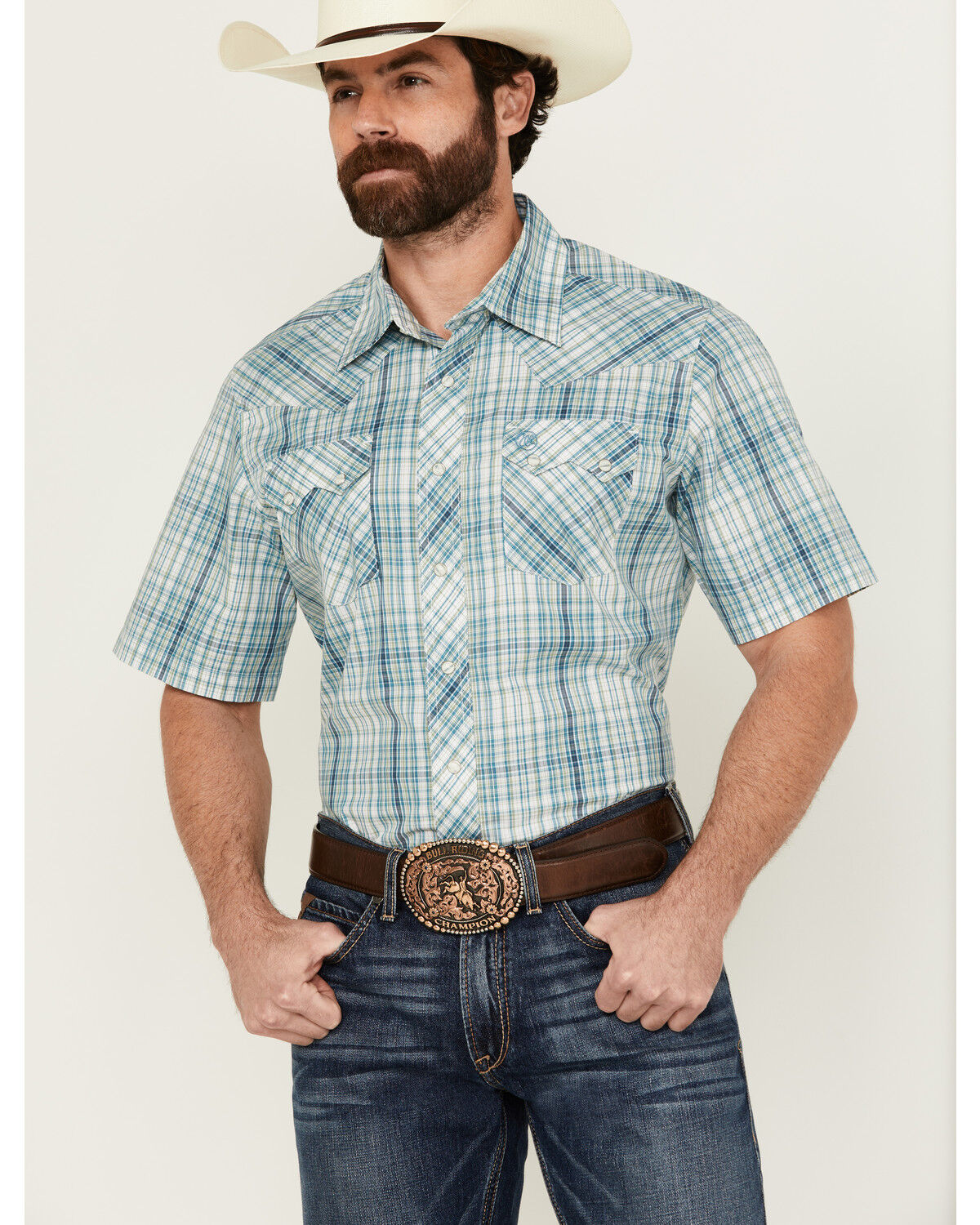 Image #1 - Wrangler Retro Men's Plaid Print Short Sleeve Pearl Snap Western Shirt, Teal, hi-res
