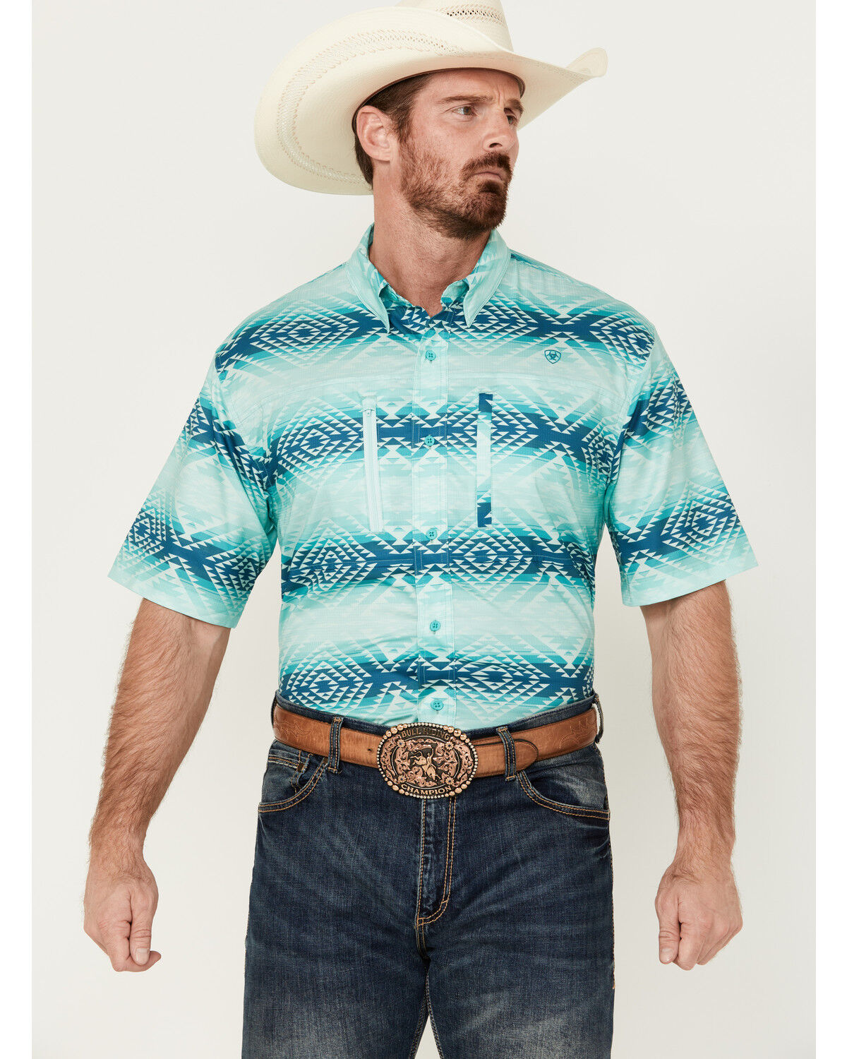 Image #1 - Ariat Men's VentTEK Classic Fit Southwestern Striped Short Sleeve Performance Shirt, Aqua, hi-res
