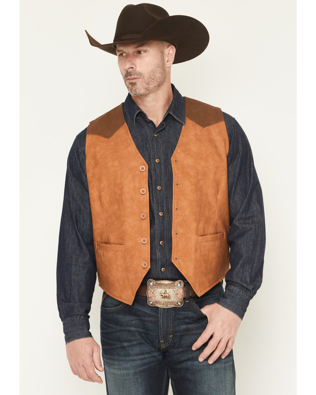 Image #1 - Cody James Men's Buckaroo Colorblock Faux Leather Button-Down Vest, Tan, hi-res