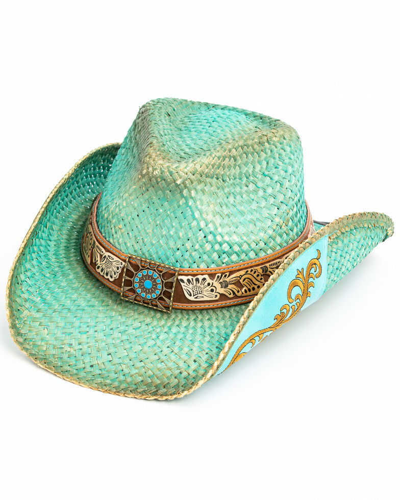 Shyanne Women's Cactus Flower Western Straw Hat , Blue, hi-res