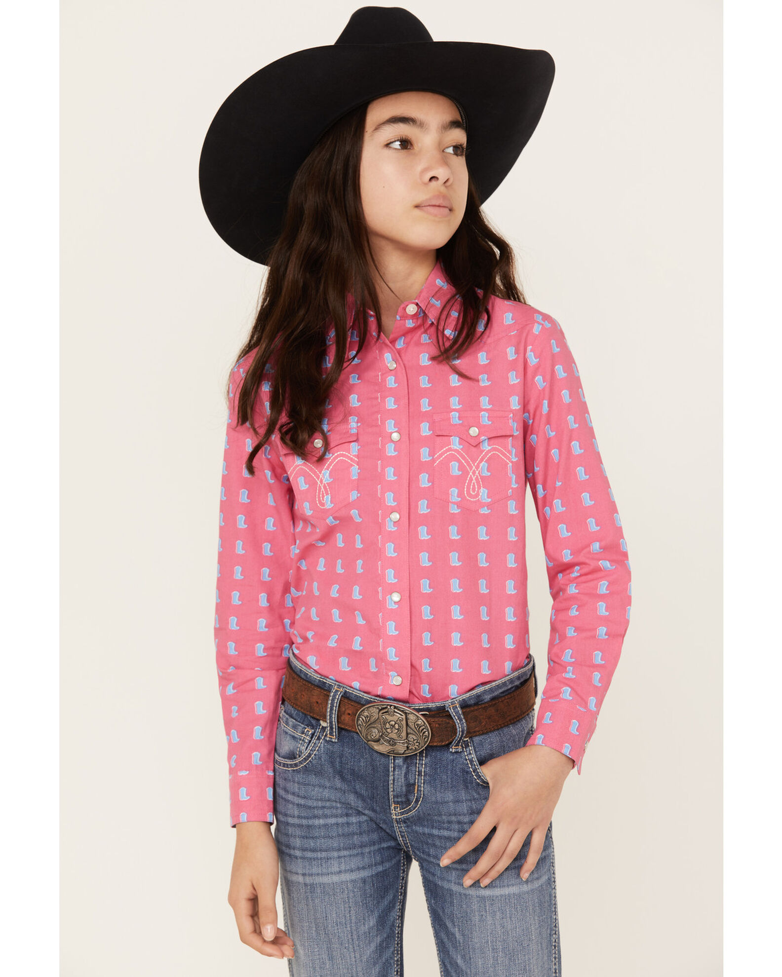 Panhandle Girls Boot Print Long Sleeve Pearl Snap Western Shirt