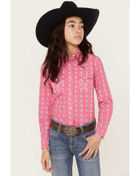 Panhandle Girls' Boot Print Long Sleeve Pearl Snap Western Shirt, Hot Pink, hi-res