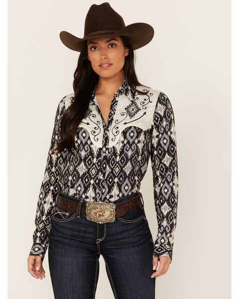Image #1 - Roper Women's Southwestern Diamond Print Long Sleeve Pearl Snap Western Shirt, Black, hi-res