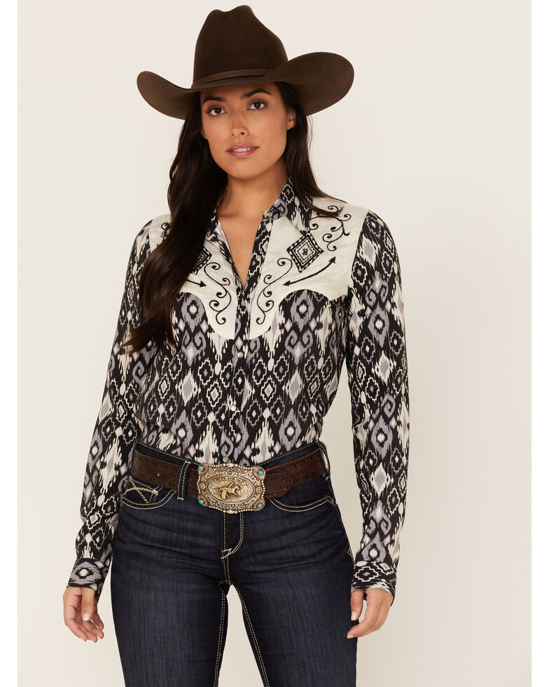 Roper Women's Southwestern Diamond Print Long Sleeve Snap Western Shirt, Black, hi-res
