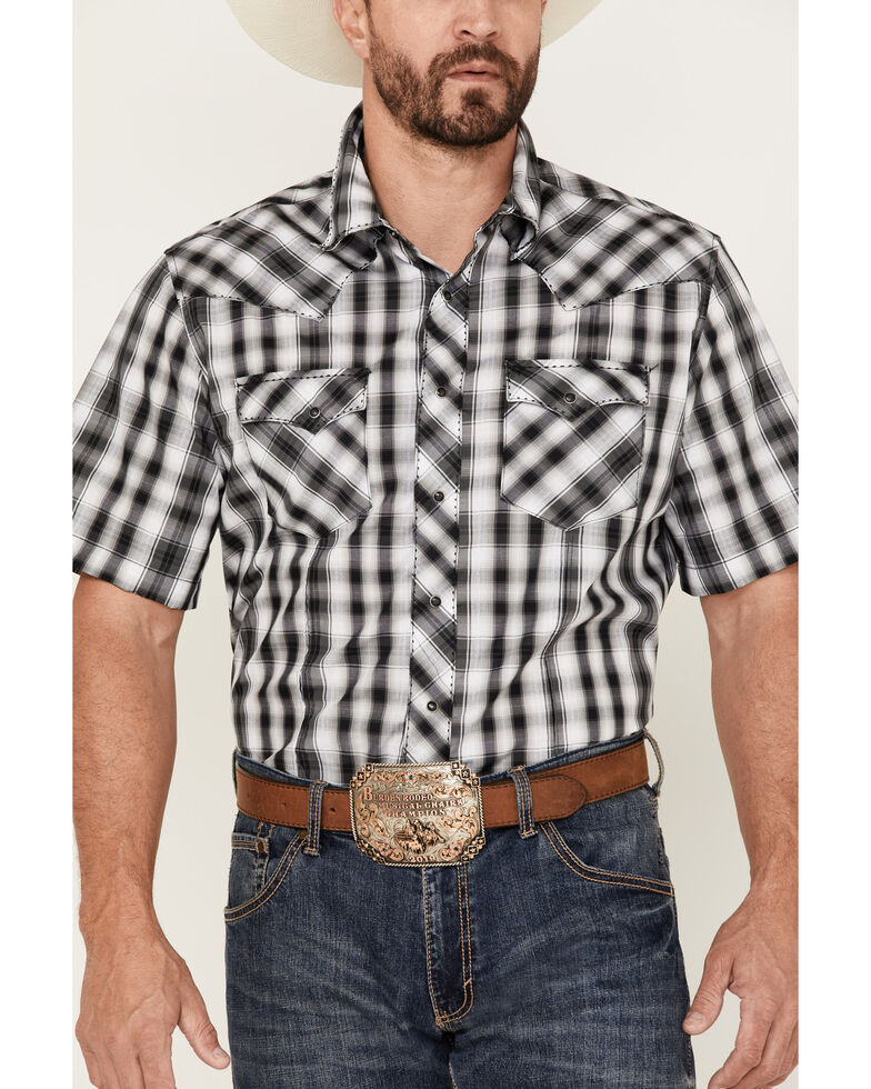 Wrangler Men's Plaid Short Sleeve Fashion Snap Western Shirt - Tall , Black, hi-res