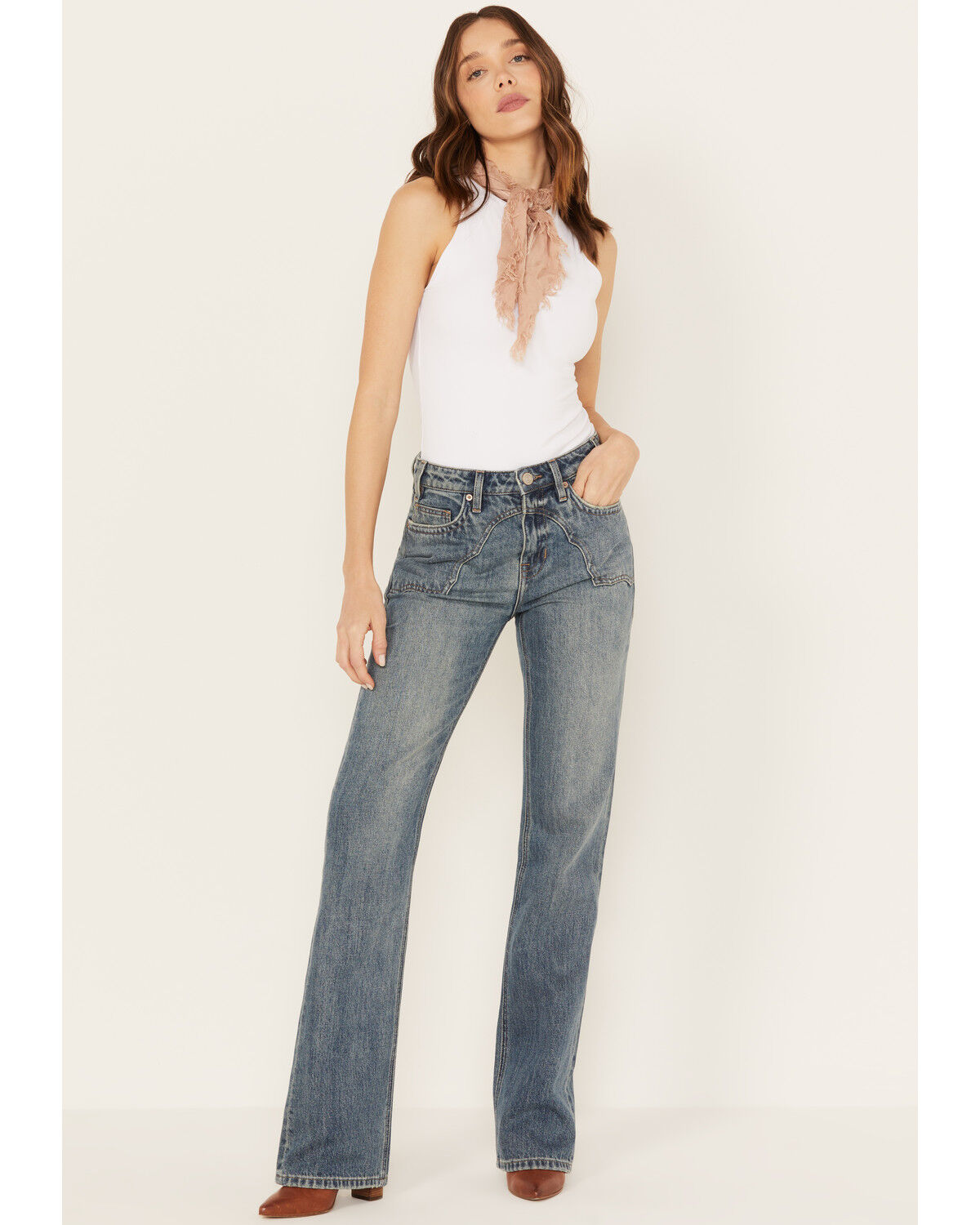 Image #1 - Rock & Roll Denim Women's Medium Wash High Rise Yoke Pocket Vintage Bootcut Jeans, Medium Wash, hi-res