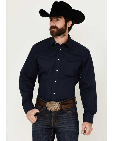 Image #1 - Roper Men's Embroidered Solid Long Sleeve Pearl Snap Western Shirt, Dark Blue, hi-res