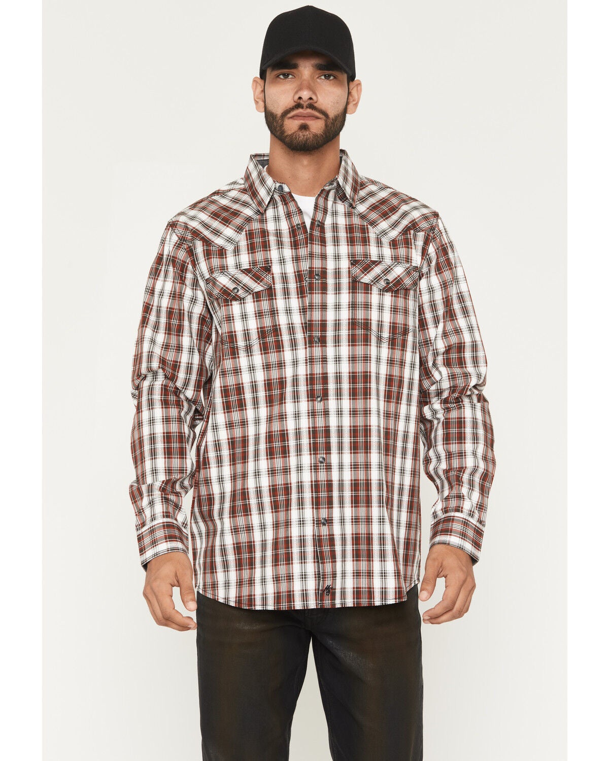 Image #1 - Moonshine Spirit&reg; Men's Red Tail Hawk Dobby Plaid Print Long Sleeve Snap Western Shirt, White, hi-res
