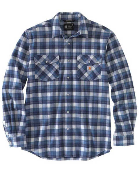 Carhartt Men's Plaid Print Rugged Flex Relaxed-Fit Long Sleeve Snap Western Flannel Shirt , Navy, hi-res