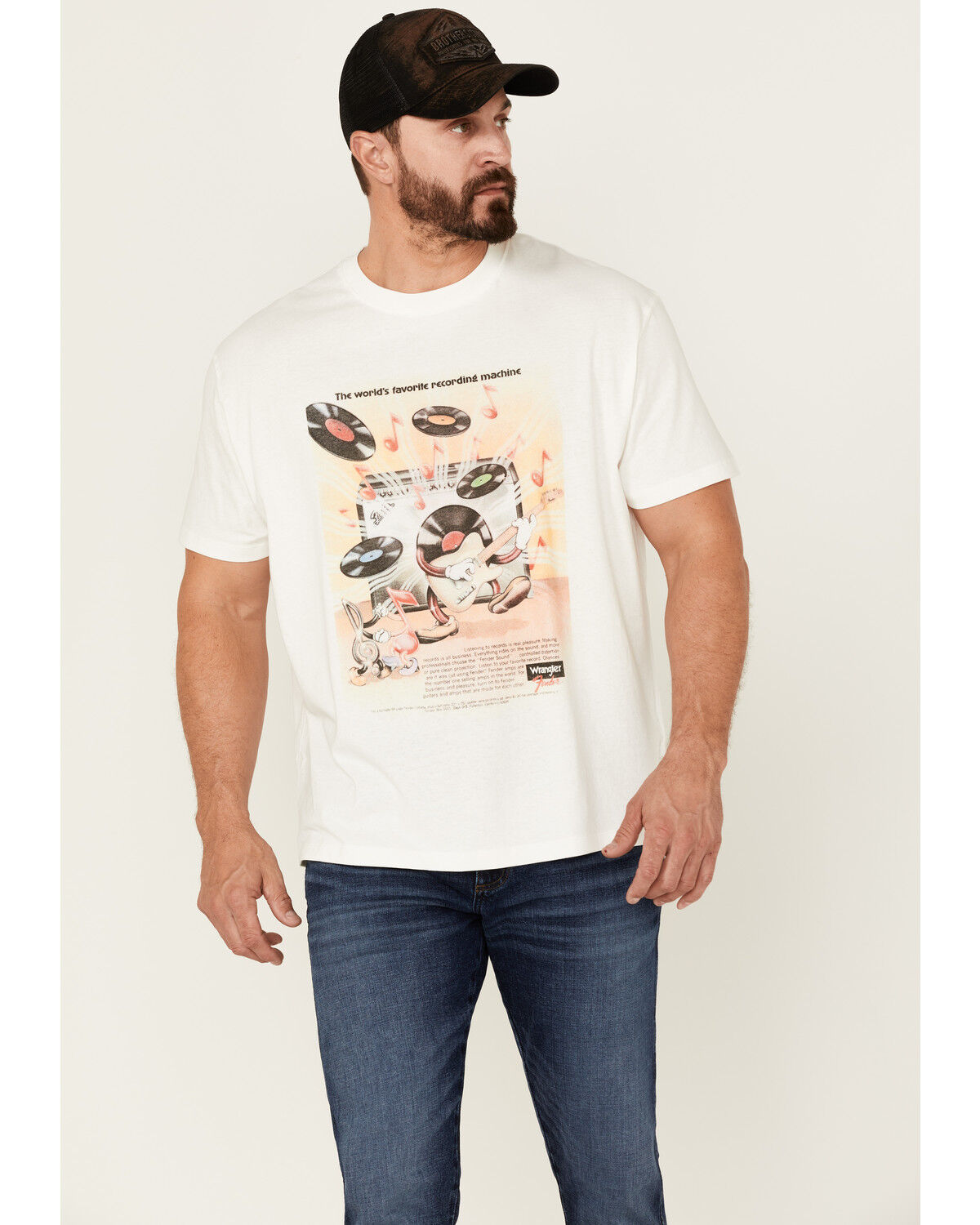Image #1 - Wrangler X Fender Men's Dancing Record Vintage Graphic T-Shirt, White, hi-res