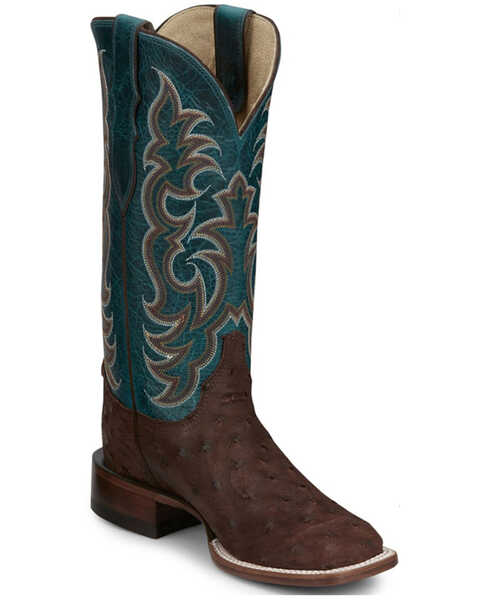 Justin Women's Exotic Full Quill Ostrich Western Boots - Broad Square Toe, Brown, hi-res