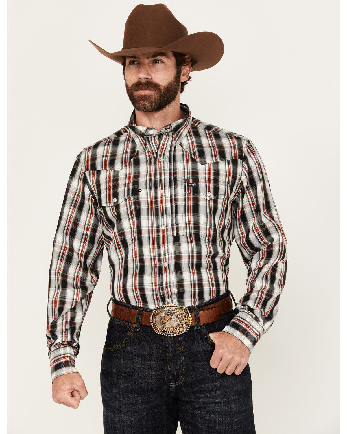 Image #1 - Wrangler Men's Plaid Print Long Sleeve Snap Performance Western Shirt, Black, hi-res