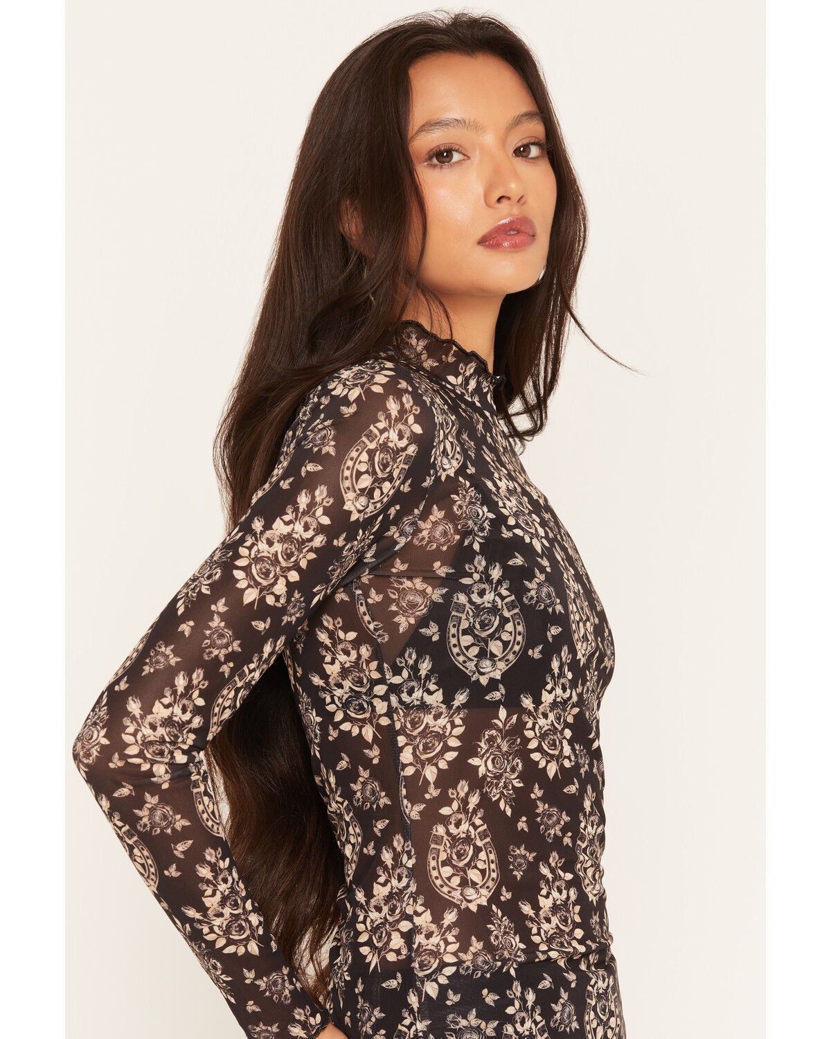 Image #2 - Wonderwest Women's Floral Horseshoe Print Long Sleeve Mesh Top, Black, hi-res