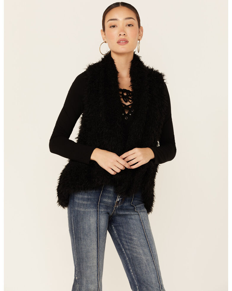 HYFVE Women's Black Faux Fur Open Vest , Black, hi-res