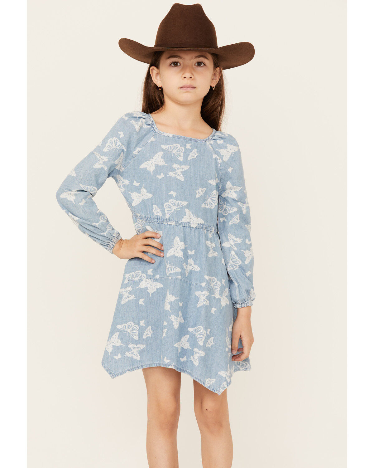 Image #1 - Wrangler Girls' Butterfly Print Denim Long Sleeve Dress, Blue, hi-res