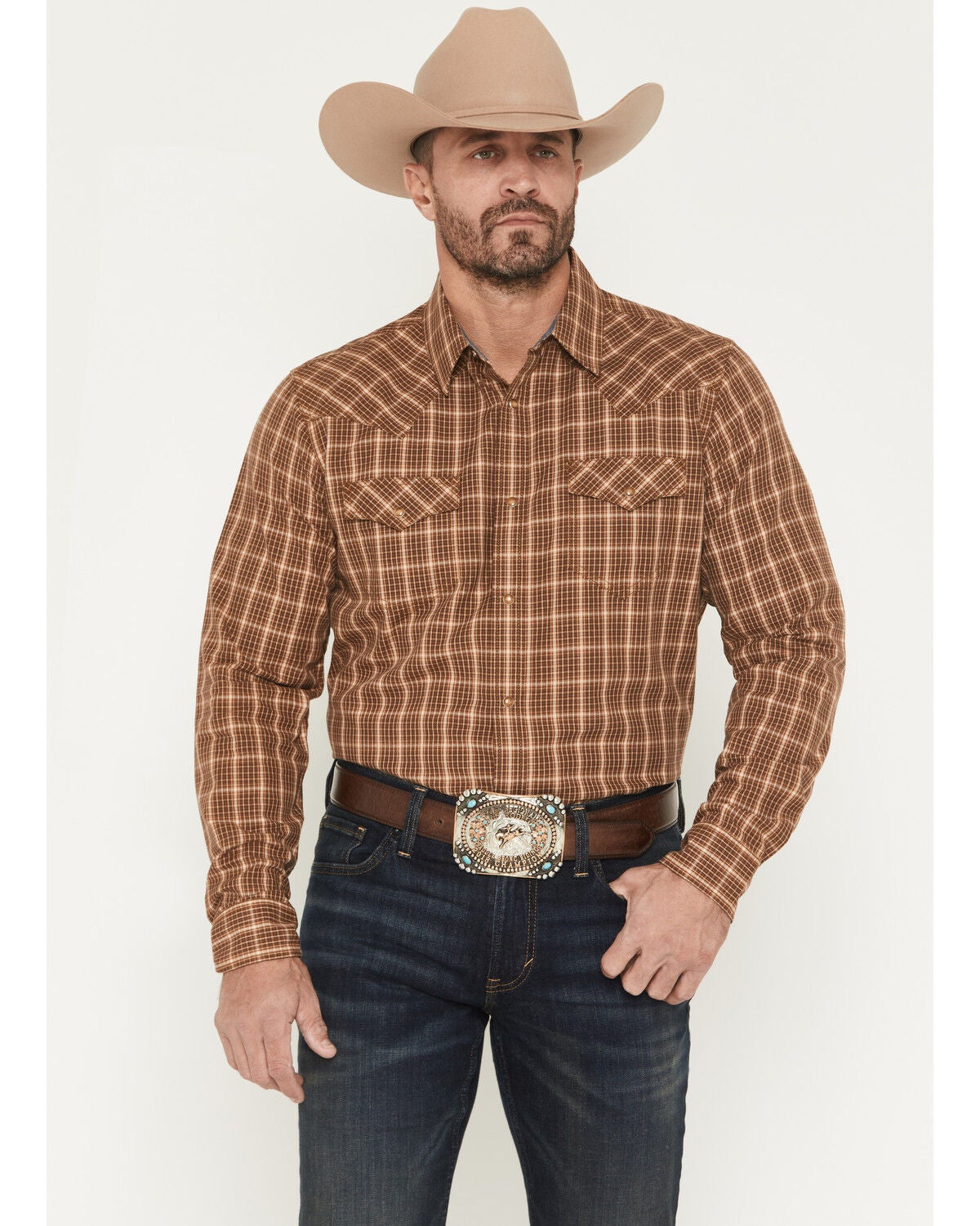 Cody James Men's Iron Oak Ranch Plaid Print Long Sleeve Snap Western Shirt, Lt Brown, hi-res