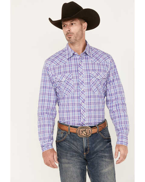 Image #1 - Wrangler 20X Men's Competition Advanced Comfort Plaid Print Long Sleeve Snap Western Shirt , Purple, hi-res